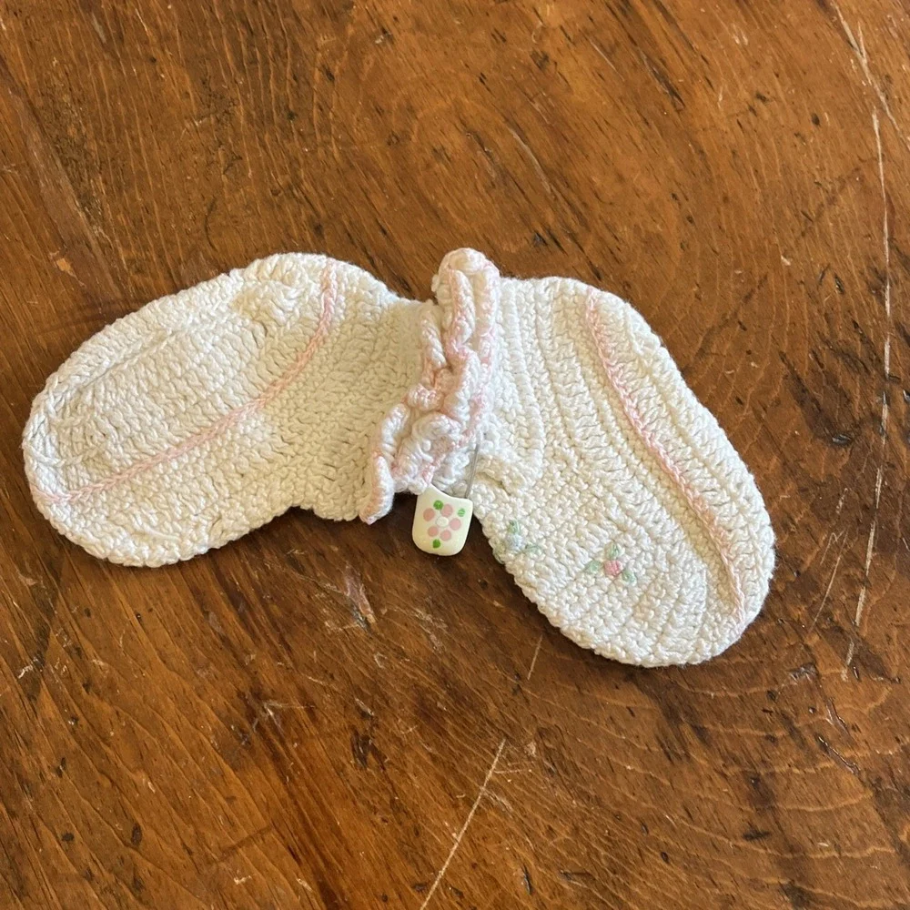 Vintage Pair Hand Crocheted Baby Shoes Booties Pink Floral Accents Ruffles